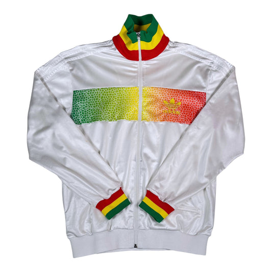 Digg It Thrift & Vintage Adidas Chile white track jacket with Rasta green, yellow, and red patterned chest stripe