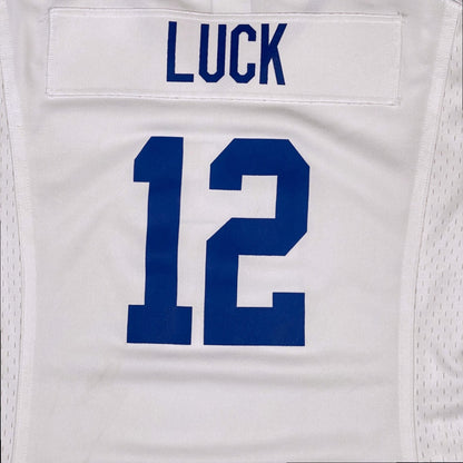 Digg It Thrift & Vintage white Indianapolis Colts Andrew Luck jersey with blue number 12 and nameplate