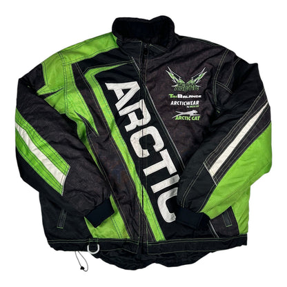 Digg It Thrift & Vintage Arctic Cat Team Arctic TriBalance snowmobile racing jacket in black and neon green, size XL.