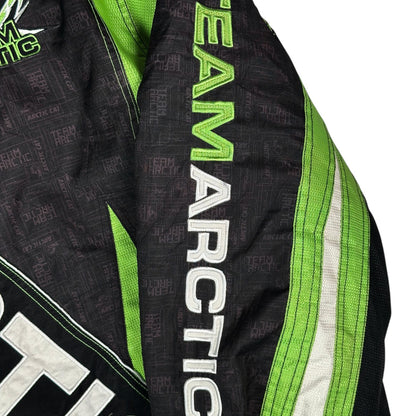 Digg It Thrift & Vintage Arctic Cat Team Arctic snowmobile racing jacket sleeve with green and black branding
