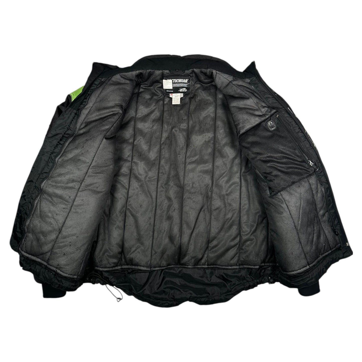 Digg It Thrift & Vintage Arctic Cat Team Arctic snowmobile racing jacket interior with black mesh lining and pockets