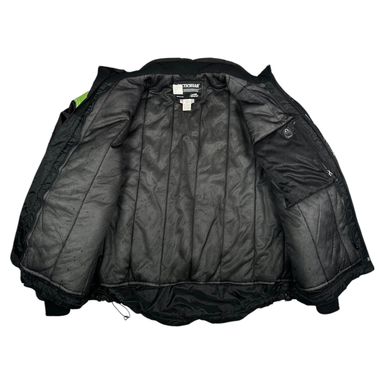 Digg It Thrift & Vintage Arctic Cat Team Arctic snowmobile racing jacket interior with black mesh lining and pockets