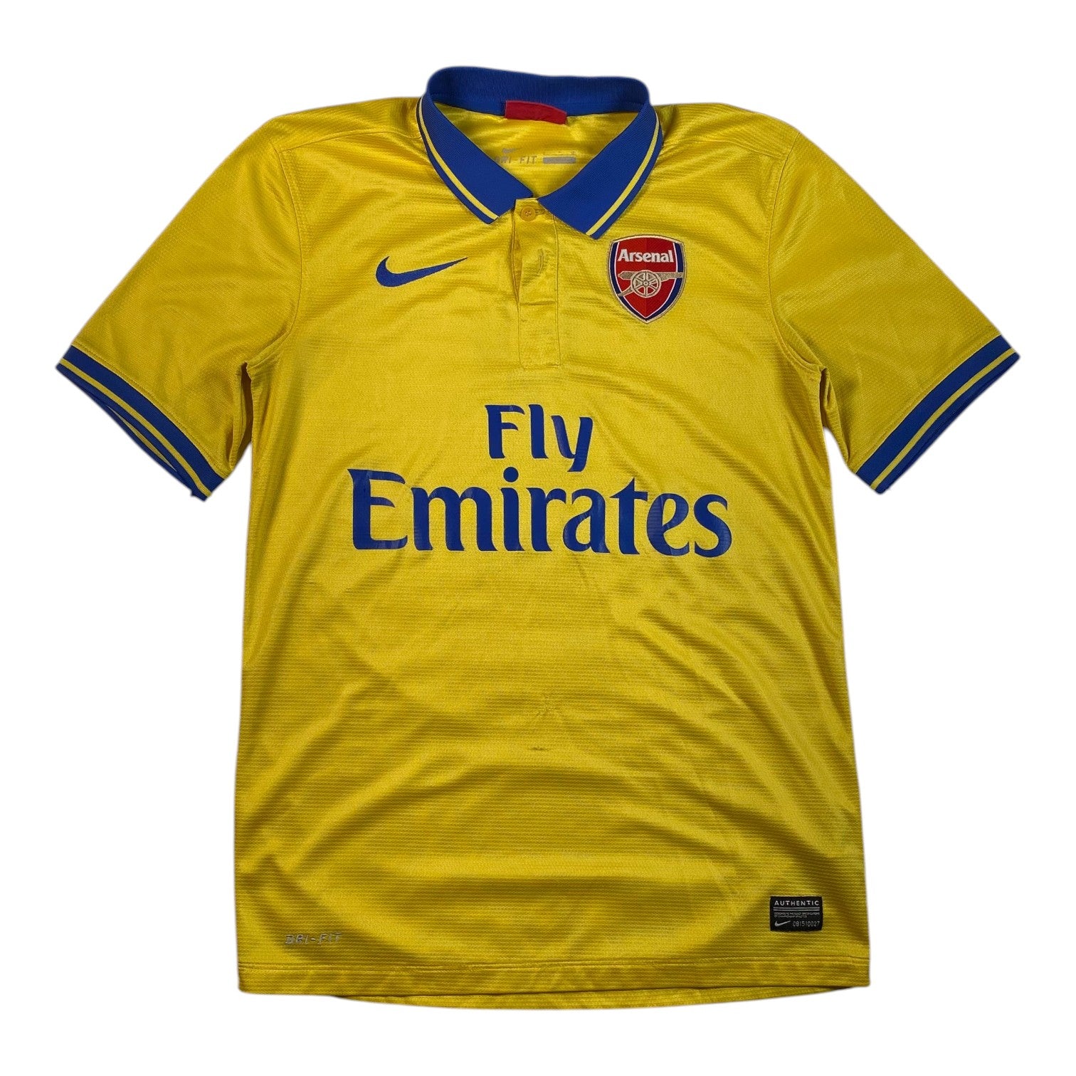 Digg It Thrift & Vintage 2013-2014 Arsenal away football shirt in yellow with blue collar and Fly Emirates logo