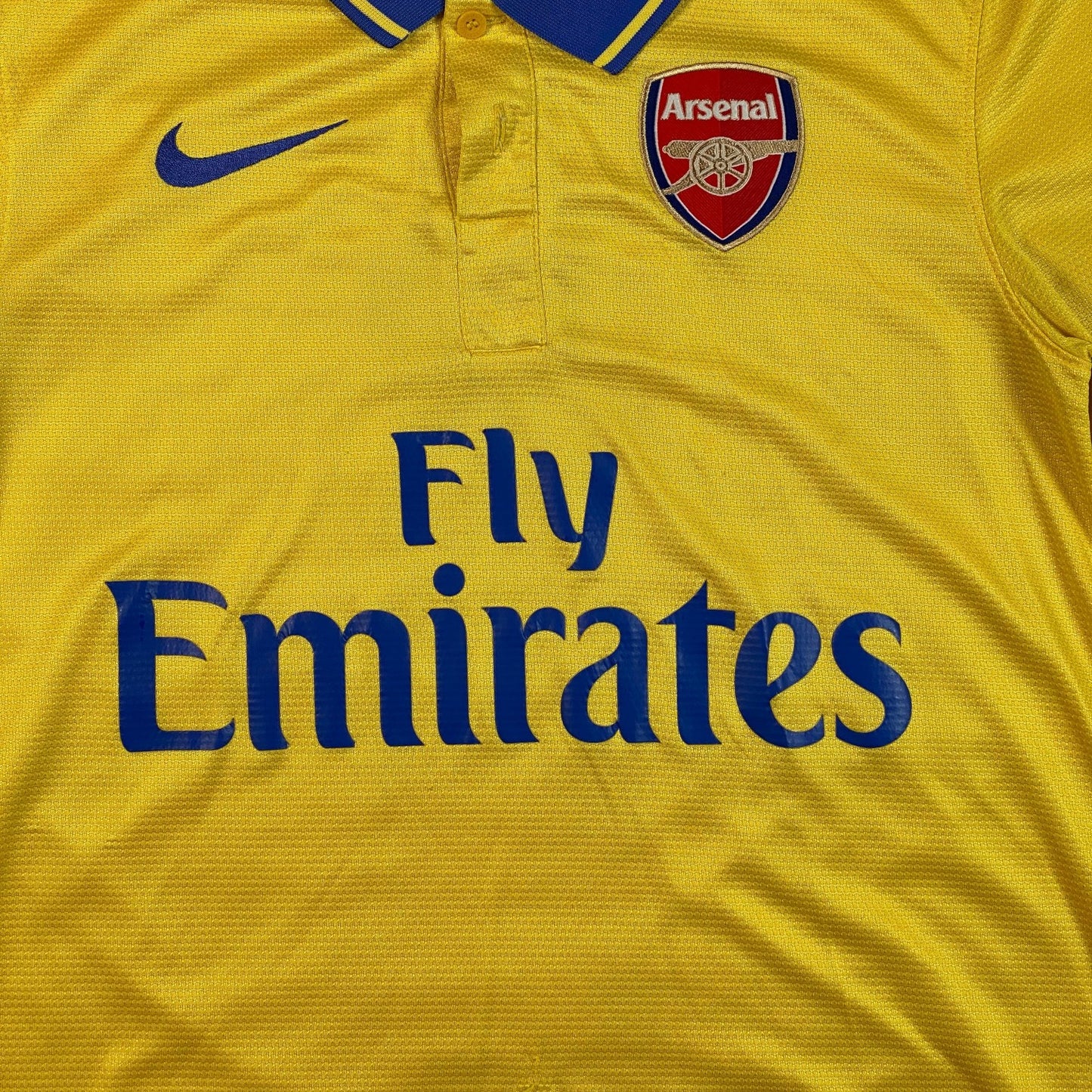 Digg It Thrift & Vintage 2013-2014 Arsenal away football shirt in yellow with blue collar and Fly Emirates logo