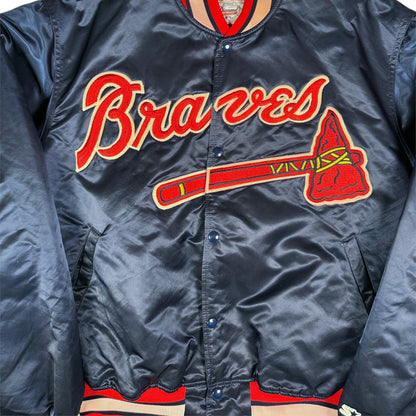Digg It Thrift & Vintage Starter Atlanta Braves MLB navy blue satin bomber jacket with red and yellow embroidery