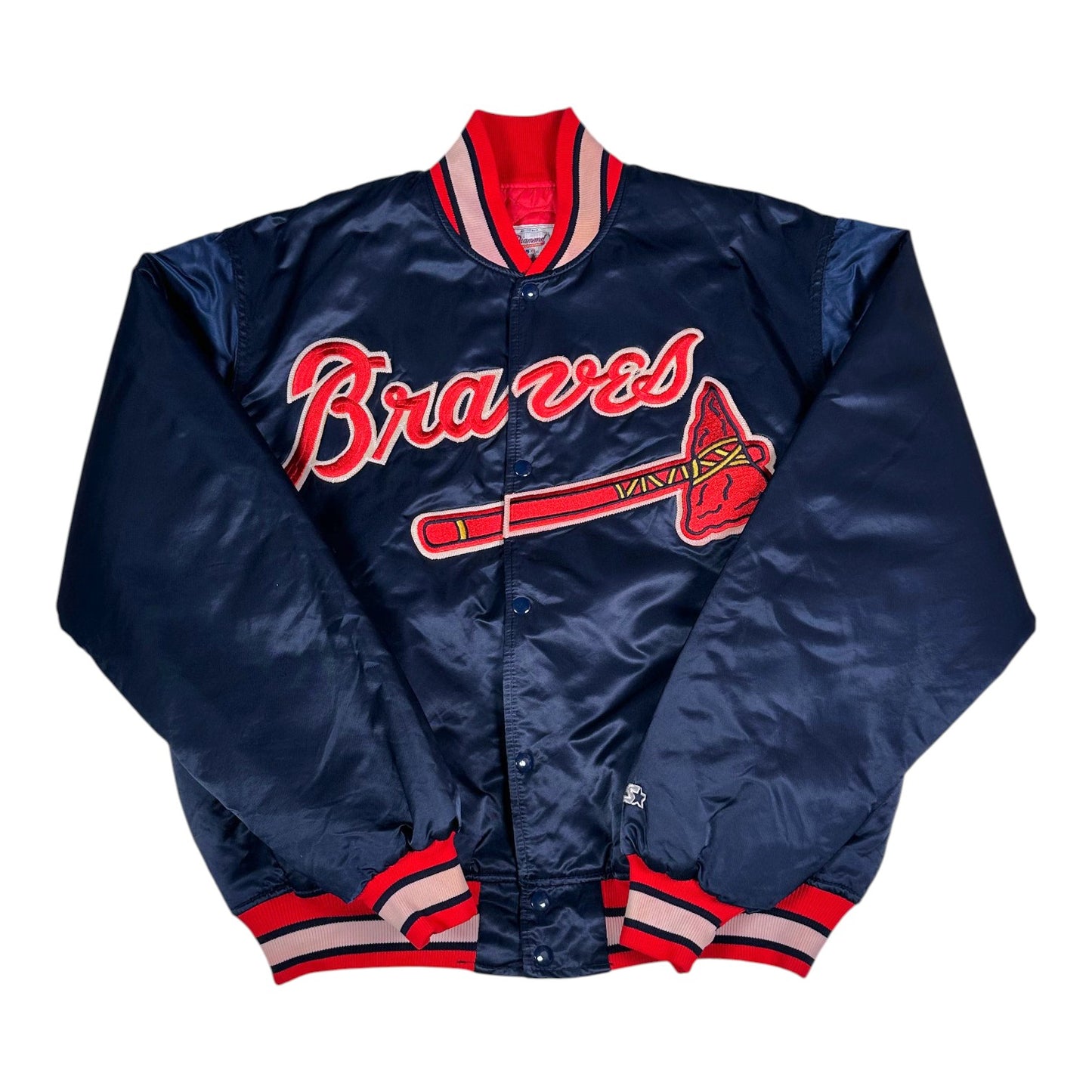 Digg It Thrift & Vintage Starter Atlanta Braves MLB navy blue satin bomber jacket with red and white striped trim