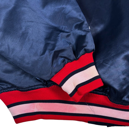 Digg It Thrift & Vintage Starter Atlanta Braves navy blue satin bomber jacket sleeve cuff with red and white stripes
