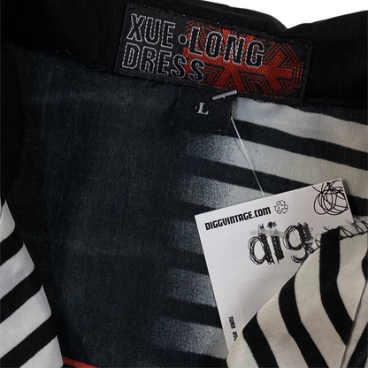Digg It Thrift & Vintage button down shirt with black and white striped pattern and basketball graphic print