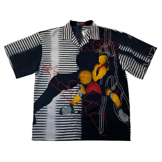 Digg It Thrift & Vintage basketball graphic button down shirt with black and white striped print in size Large