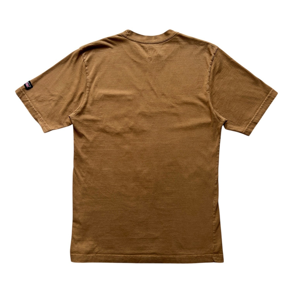 Back view of a beige Dickies short-sleeve t-shirt with a small logo tag on the sleeve from Digg It Thrift & Vintage.