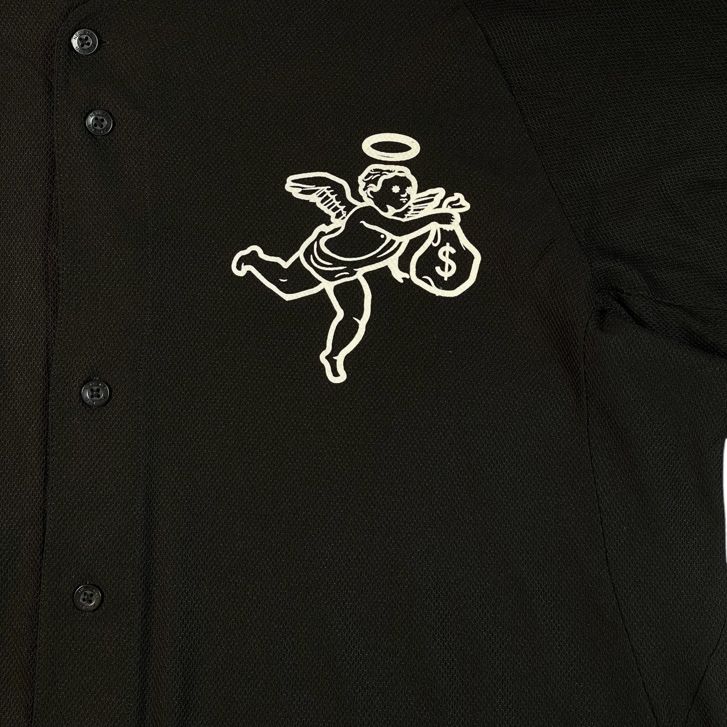 Digg It Thrift & Vintage black New Era x Muerte Hustle baseball jersey with white angel graphic holding money bag