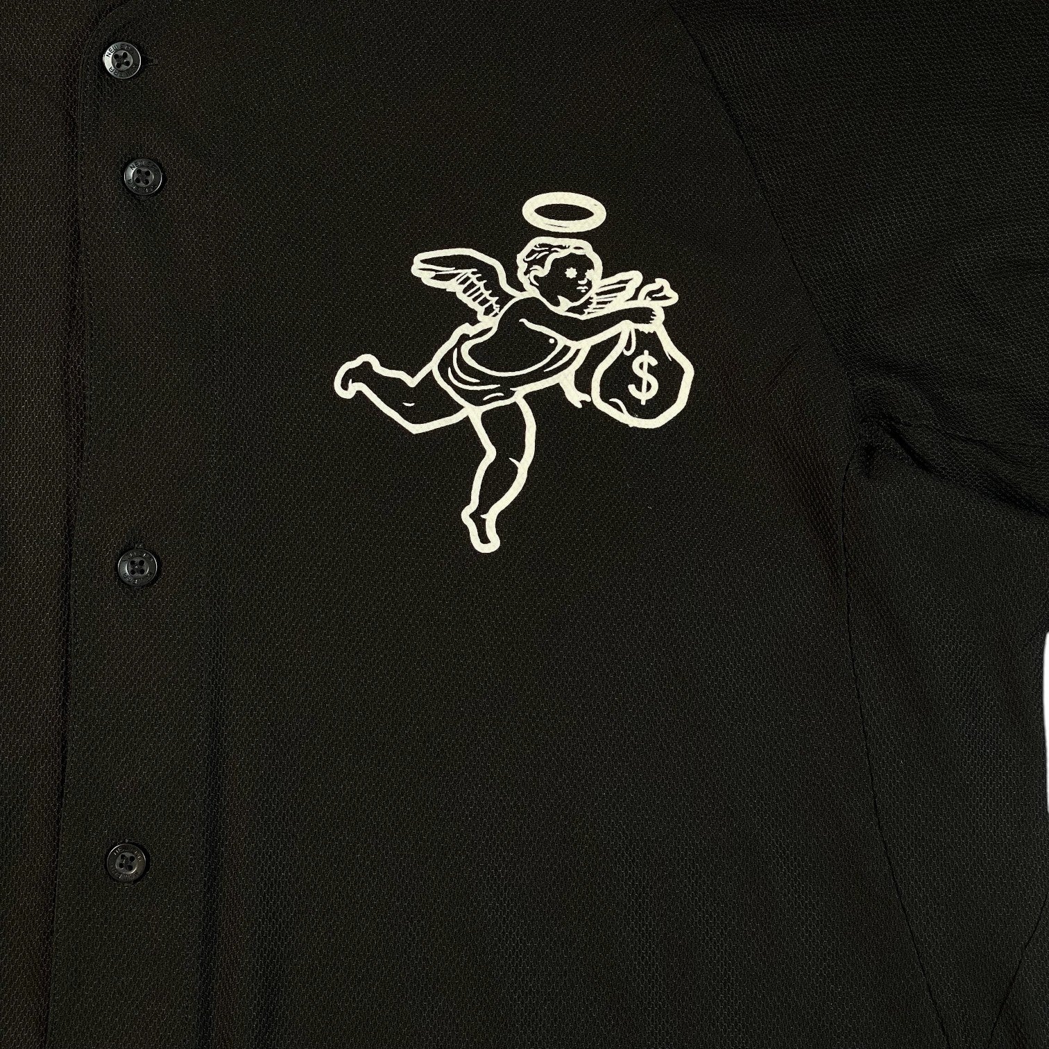 Digg It Thrift & Vintage black New Era x Muerte Hustle baseball jersey with white angel graphic holding money bag