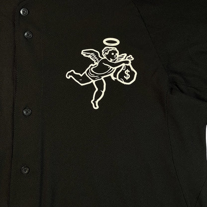 Digg It Thrift & Vintage black New Era x Muerte Hustle baseball jersey with white angel graphic holding money bag