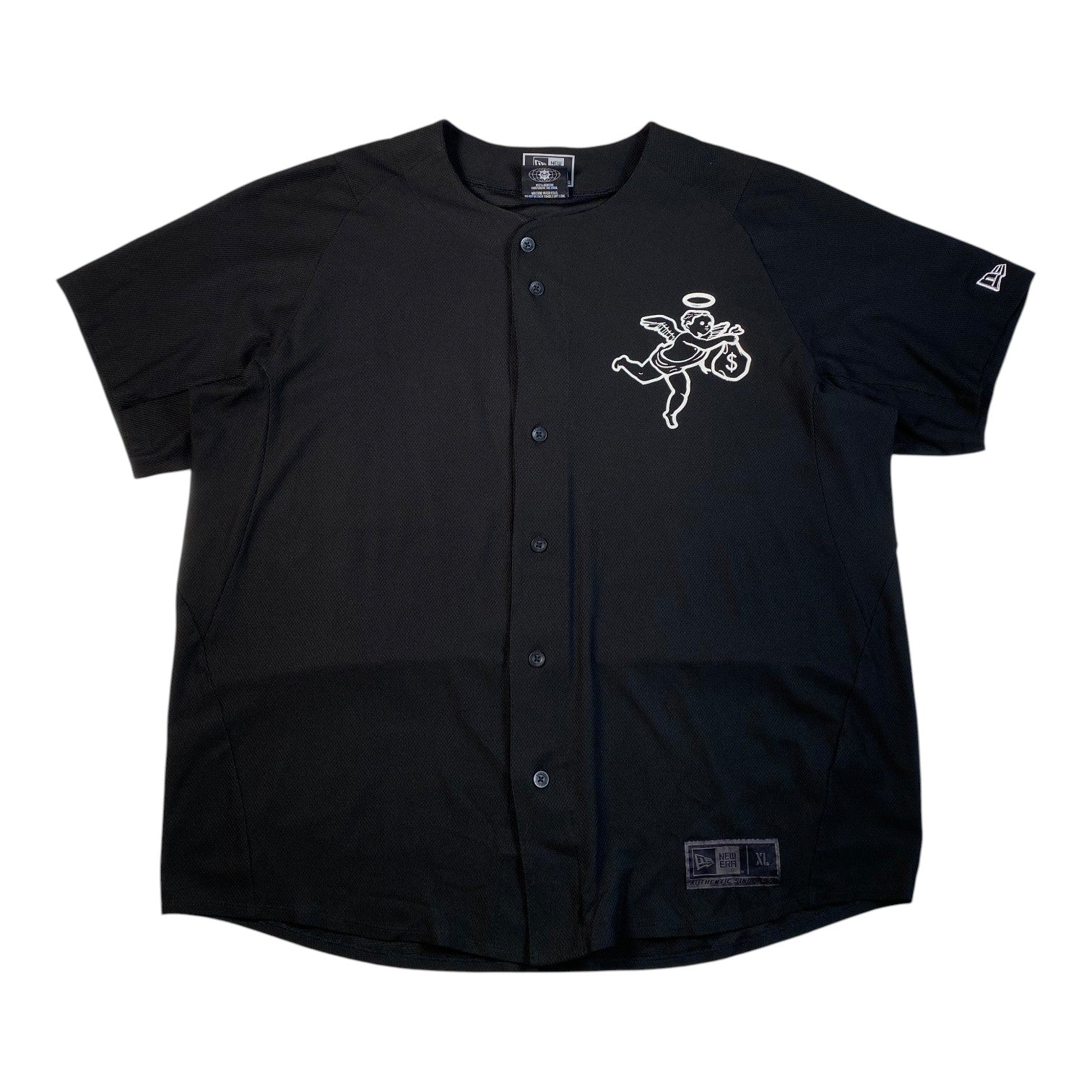 Digg It Thrift & Vintage black New Era x Muerte Hustle baseball jersey with white angel graphic and button front