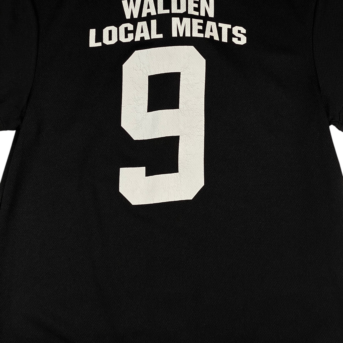 Digg It Thrift & Vintage black Majestic Cool Base baseball jersey with white Walden Local Meats number 9 back print