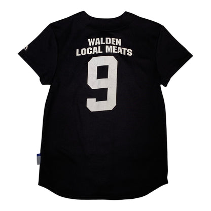 Back view of a black Majestic Cool Base custom baseball jersey from Digg It Thrift & Vintage with Walden Local Meats 9
