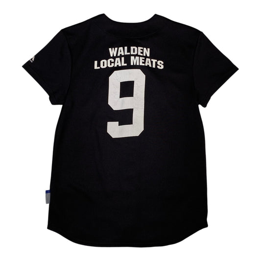 Back view of a black Majestic Cool Base custom baseball jersey from Digg It Thrift & Vintage with Walden Local Meats 9