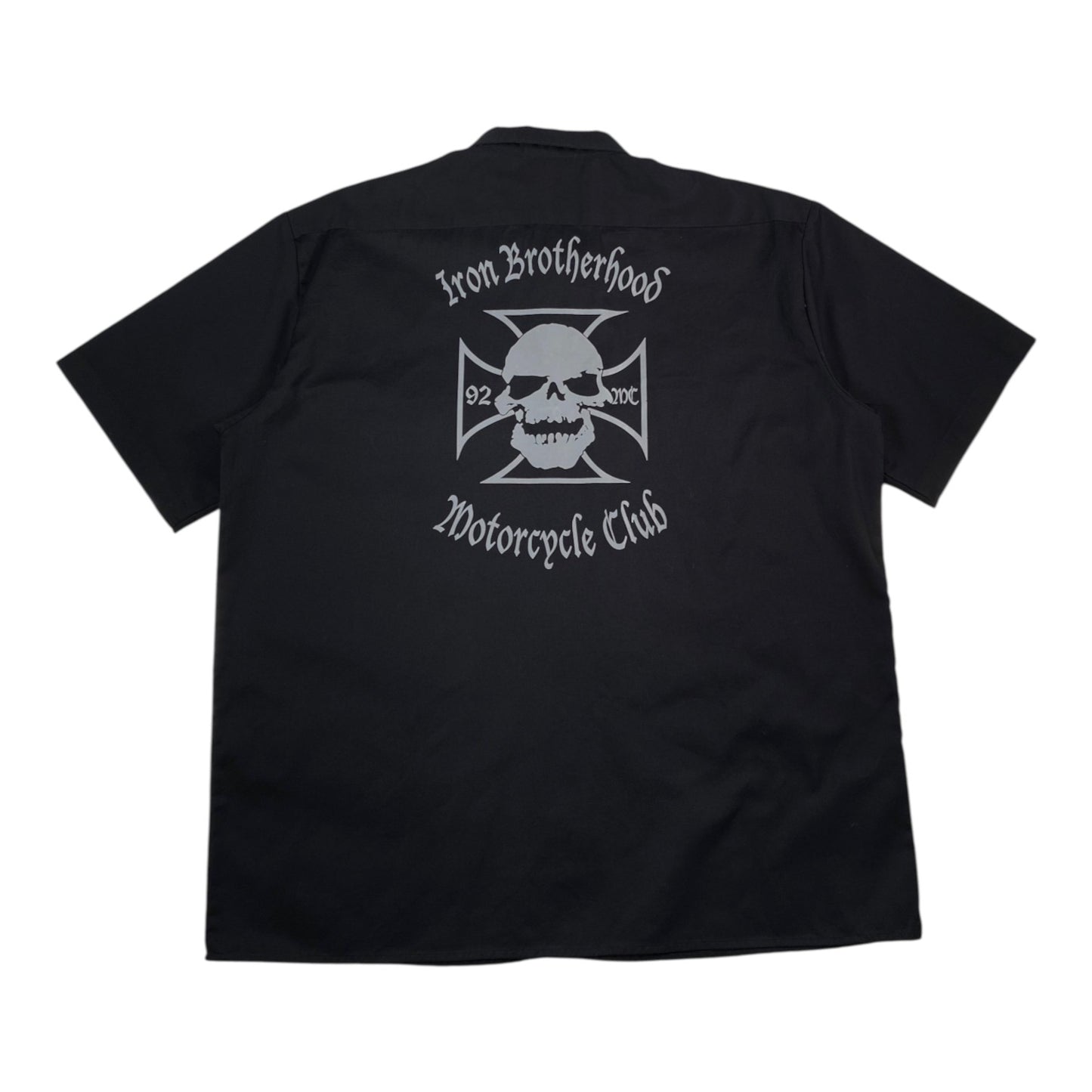 Digg It Thrift & Vintage black Dickies work shirt featuring Iron Brotherhood Motorcycle Club skull back graphic