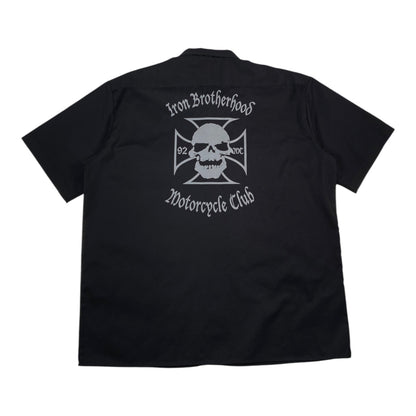 Digg It Thrift & Vintage black Dickies work shirt featuring Iron Brotherhood Motorcycle Club skull back graphic