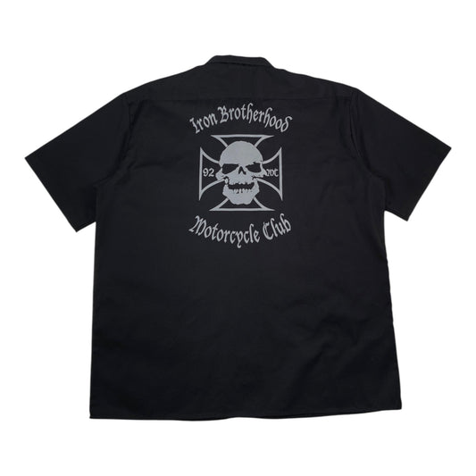 Digg It Thrift & Vintage black Dickies work shirt featuring Iron Brotherhood Motorcycle Club skull back graphic