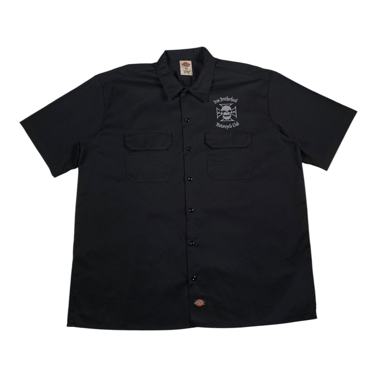 Digg It Thrift & Vintage black Dickies work shirt with Iron Brotherhood Motorcycle Club embroidery on the chest