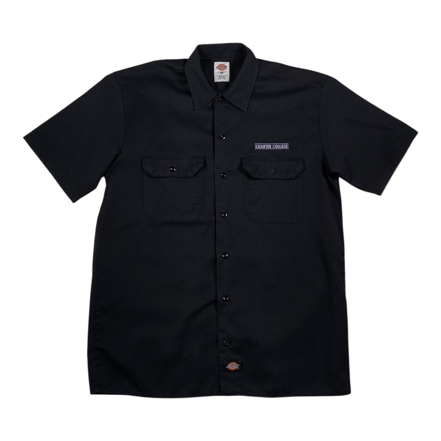 Digg It Thrift & Vintage black Dickies short sleeve work shirt with Charter College embroidery and button-up front.