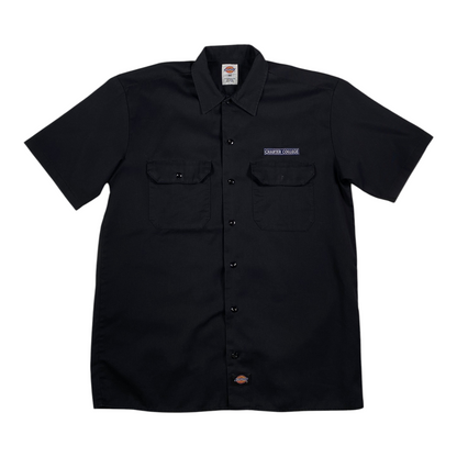 Digg It Thrift & Vintage black Dickies short sleeve work shirt with Charter College embroidery and button-up front.