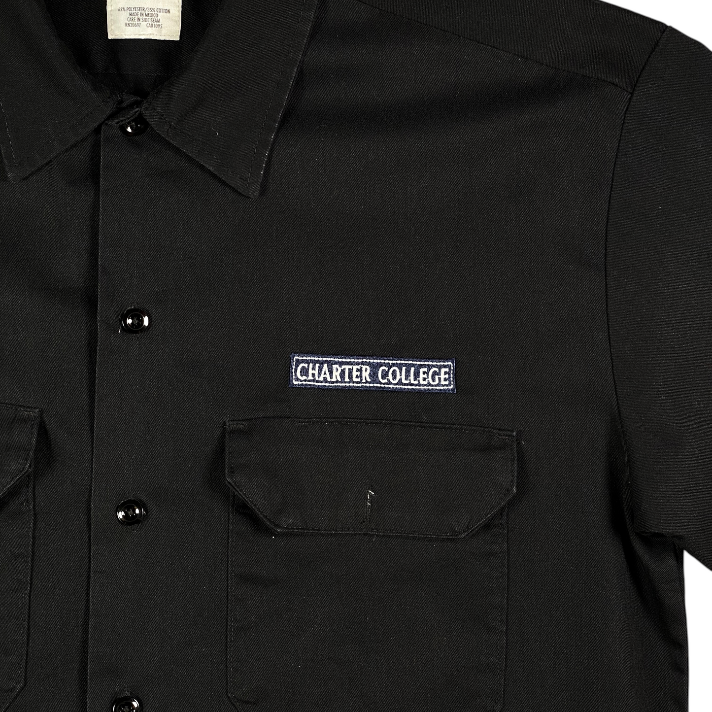 Digg It Thrift & Vintage black Dickies short sleeve work shirt with Charter College embroidered patch