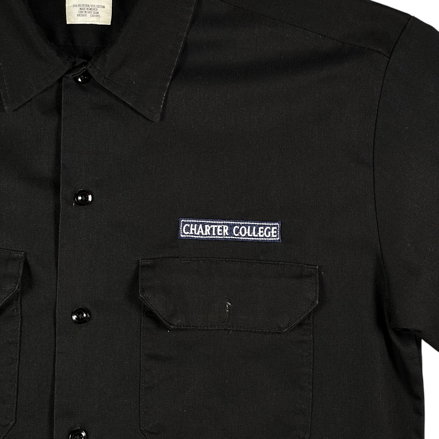 Digg It Thrift & Vintage black Dickies short sleeve work shirt with Charter College embroidered patch