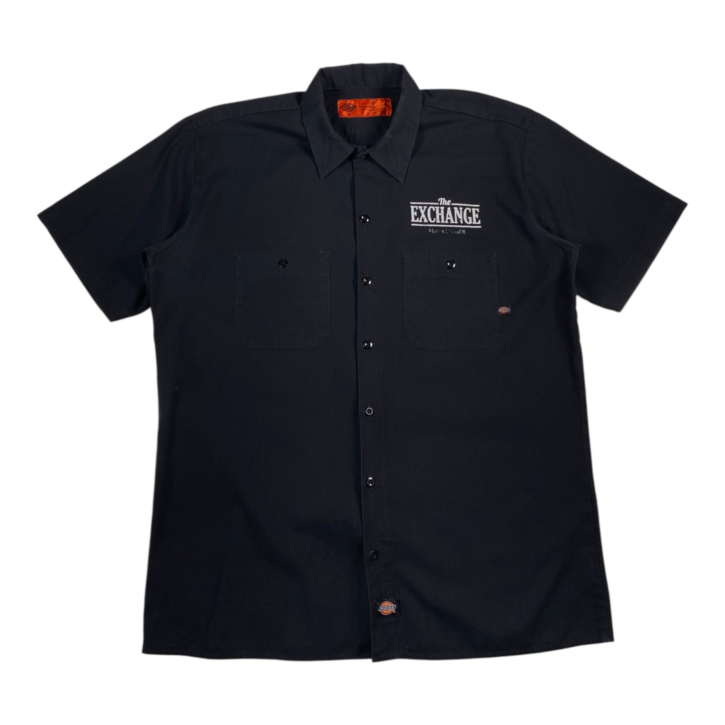 Digg It Thrift & Vintage black Dickies short-sleeve work shirt with The Exchange Pub + Kitchen embroidery, size Large.