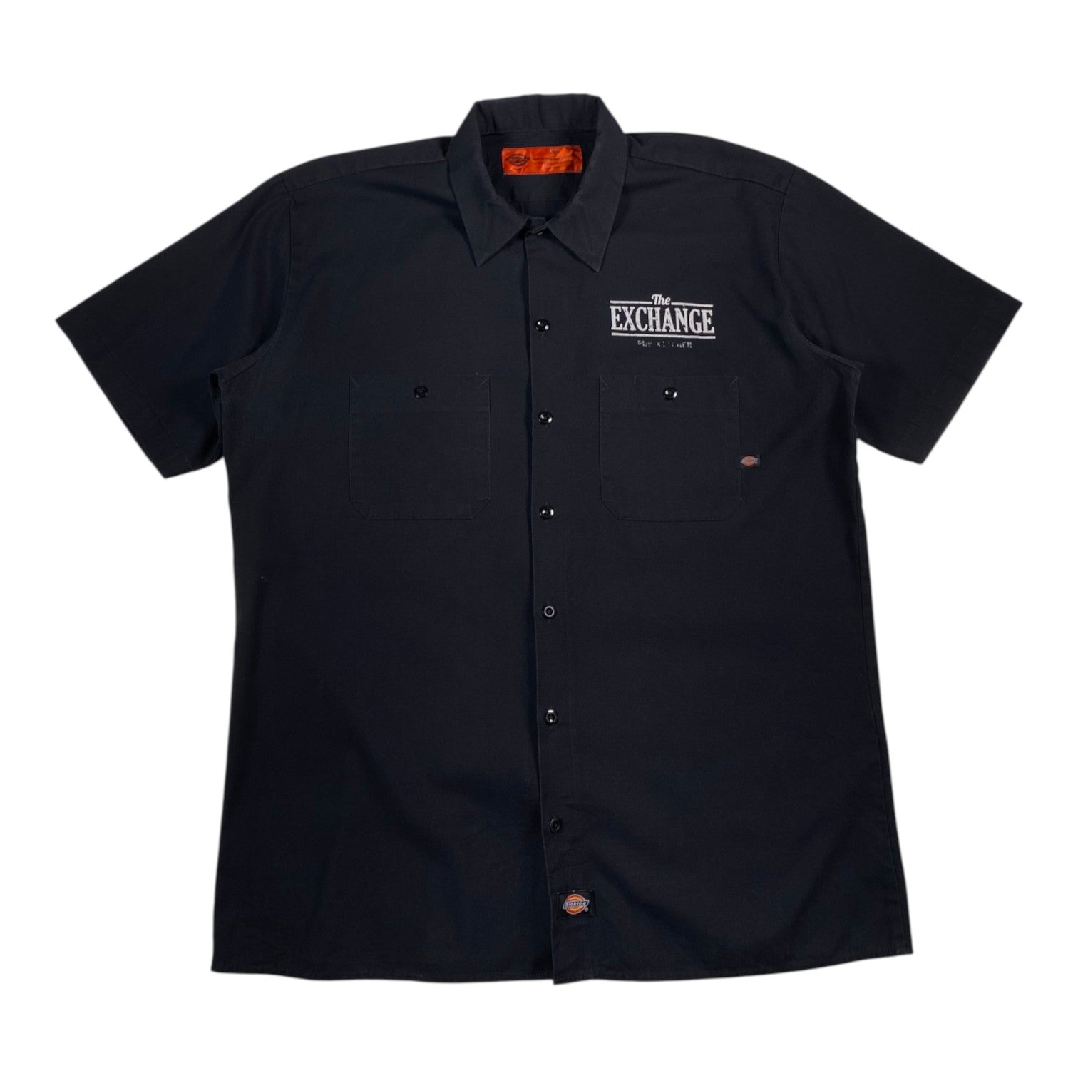 Digg It Thrift & Vintage black Dickies short-sleeve work shirt with The Exchange Pub + Kitchen embroidery, size Large.