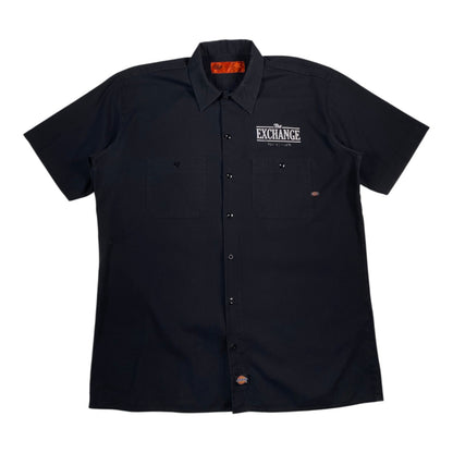 Digg It Thrift & Vintage black Dickies short-sleeve work shirt with The Exchange Pub + Kitchen embroidery, size Large.