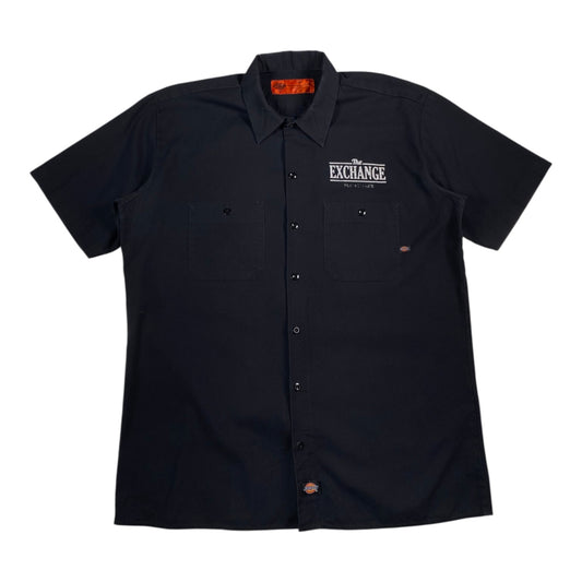 Digg It Thrift & Vintage black Dickies short-sleeve work shirt with The Exchange Pub + Kitchen embroidery, size Large.