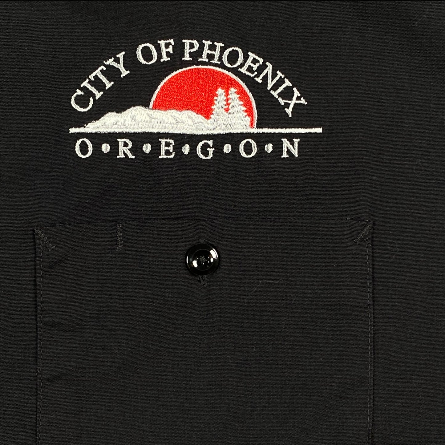 Digg It Thrift & Vintage black Dickies work shirt featuring embroidered City of Phoenix Oregon sunset logo
