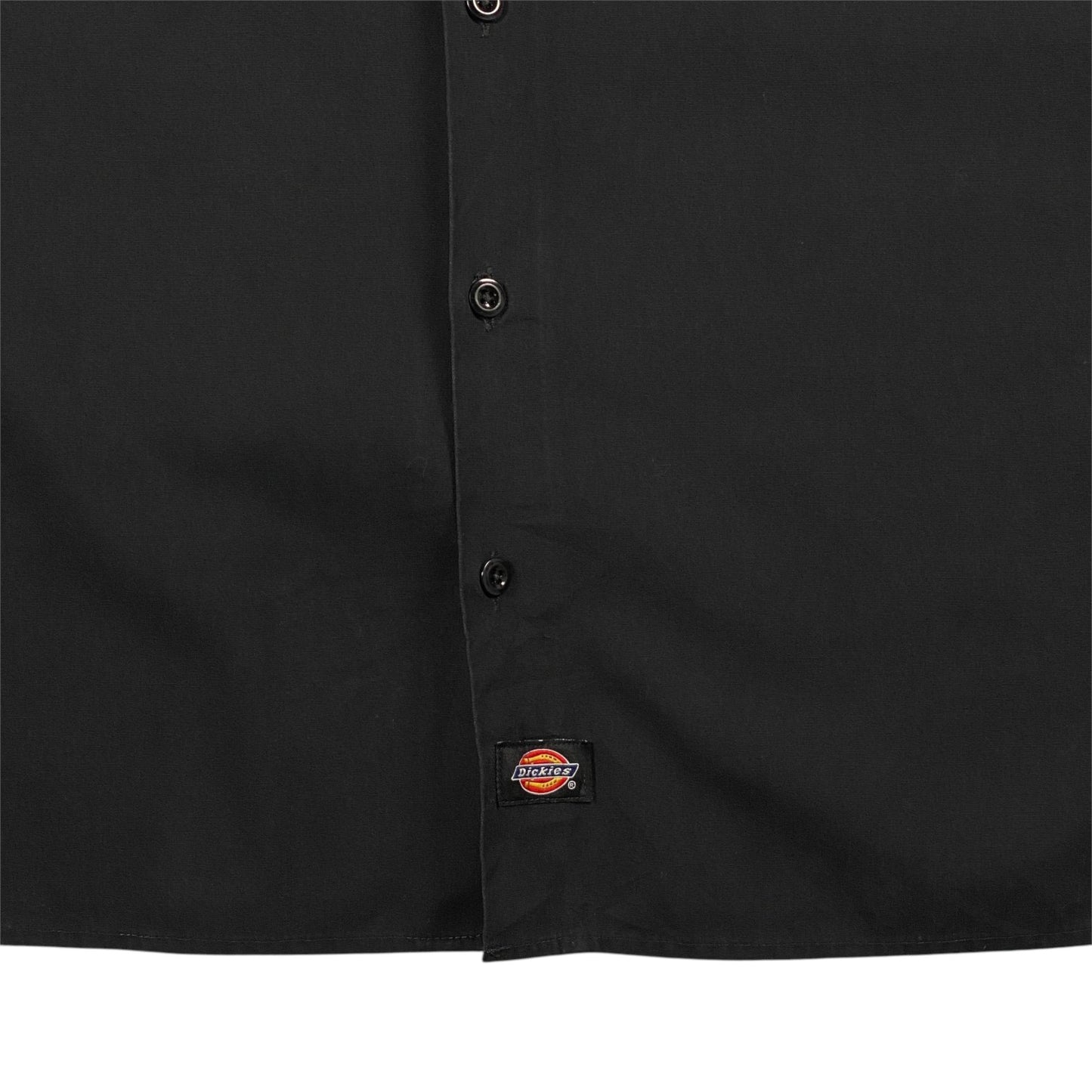 Digg It Thrift & Vintage black Dickies work shirt with button-down front and logo patch, size large.