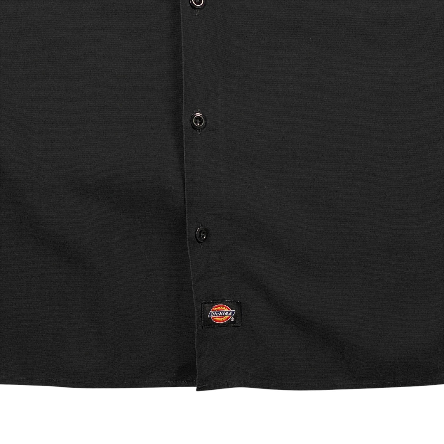 Digg It Thrift & Vintage black Dickies work shirt with button-down front and logo patch, size large.
