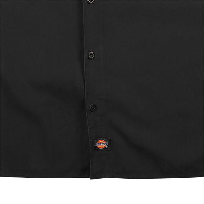 Digg It Thrift & Vintage black Dickies work shirt with button-down front and logo patch, size large.