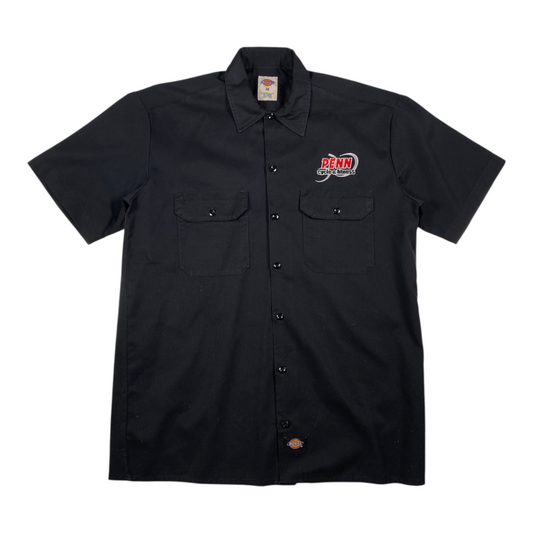 Digg It Thrift & Vintage black Dickies short sleeve work shirt with Penn Cycle & Fitness logo embroidery, size medium