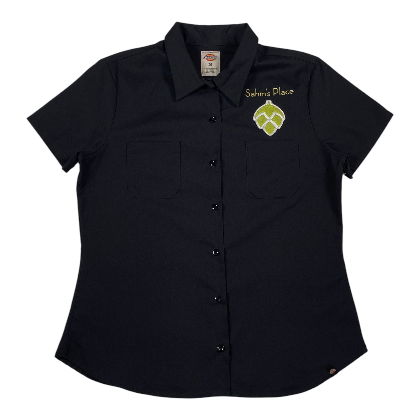 Digg It Thrift & Vintage black Dickies short sleeve work shirt with Sahm's Place hop logo embroidery