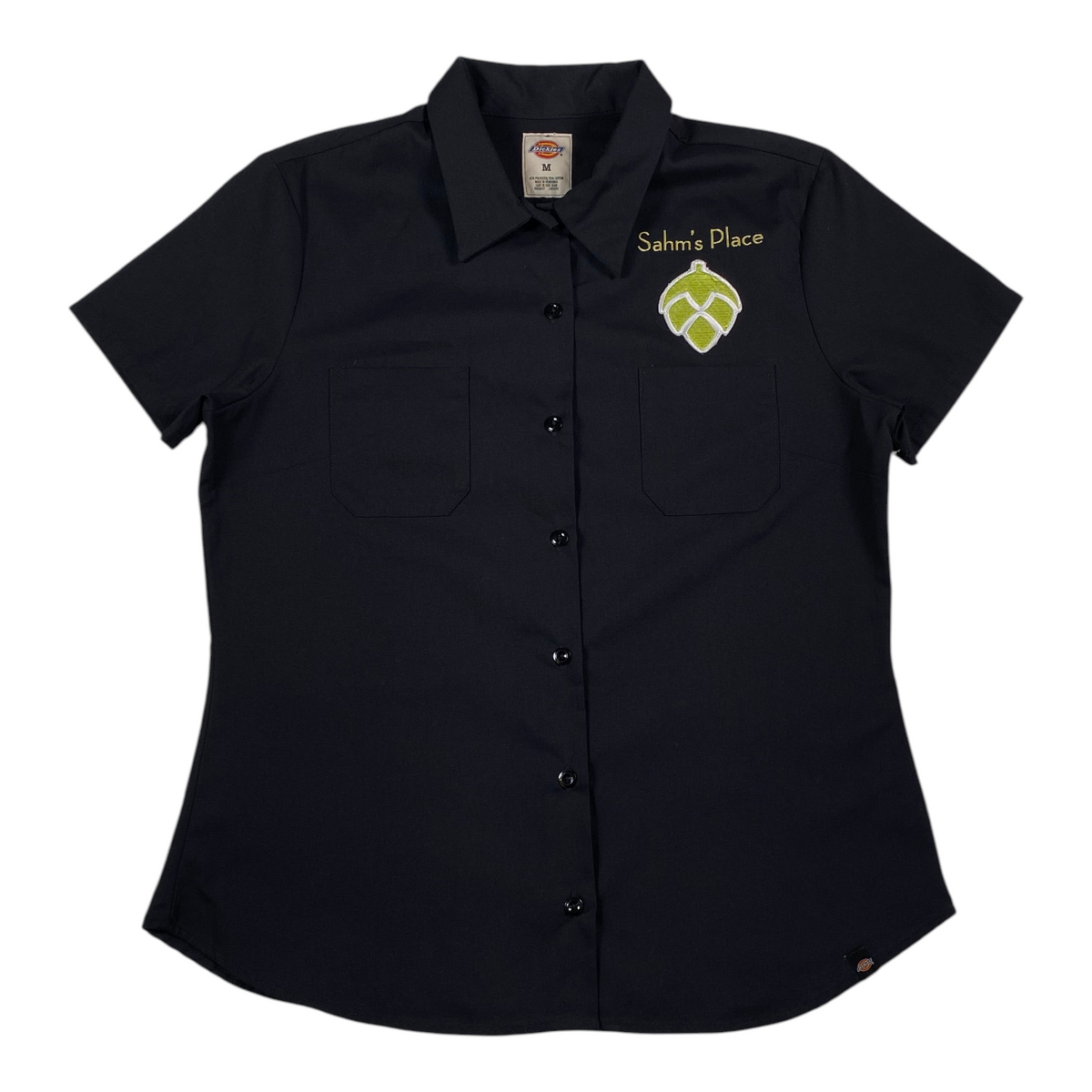 Digg It Thrift & Vintage black Dickies short sleeve work shirt with Sahm's Place hop logo embroidery