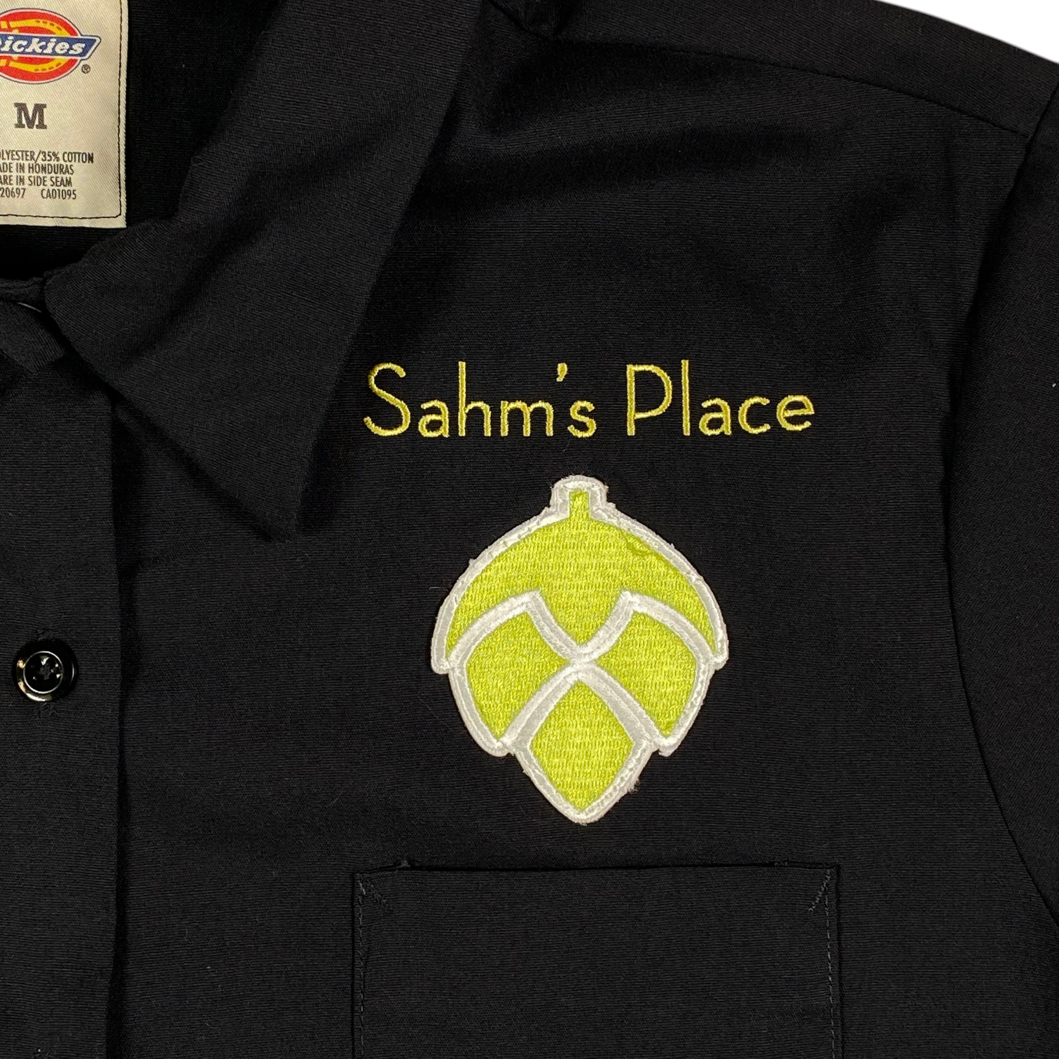 Digg It Thrift & Vintage black Dickies work shirt with Sahm's Place embroidered logo and hop graphic