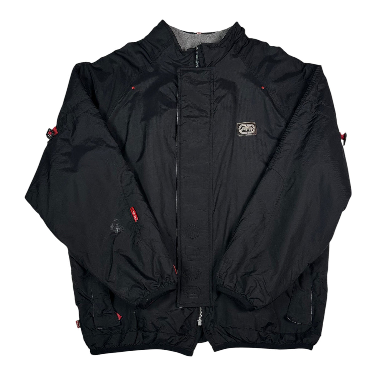 Digg It Thrift & Vintage black Ecko Unltd. fleece-lined winter jacket with red accents and zip-up front