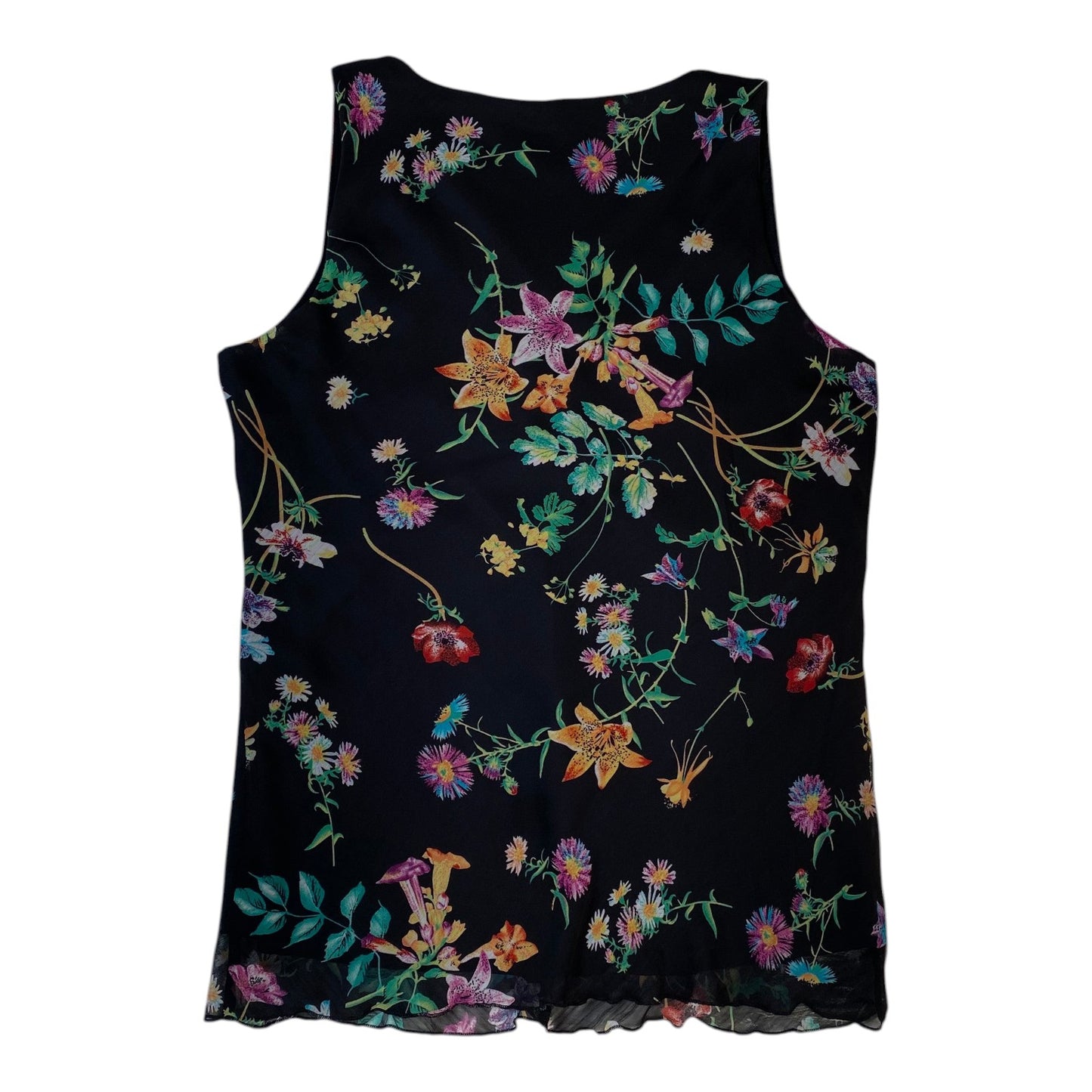 Digg It Thrift & Vintage black mesh tank top featuring a vibrant multi-colored floral print, size medium fit.