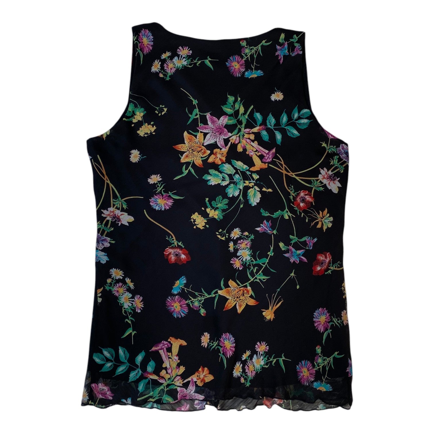 Digg It Thrift & Vintage black mesh tank top featuring a vibrant multi-colored floral print, size medium fit.