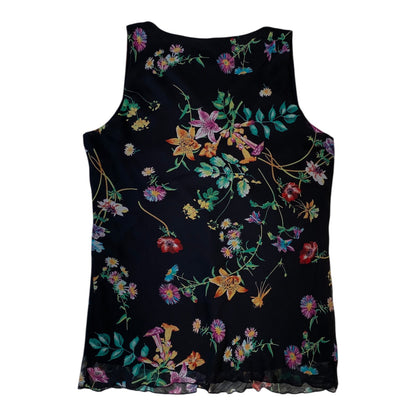 Digg It Thrift & Vintage black mesh tank top featuring a vibrant multi-colored floral print, size medium fit.
