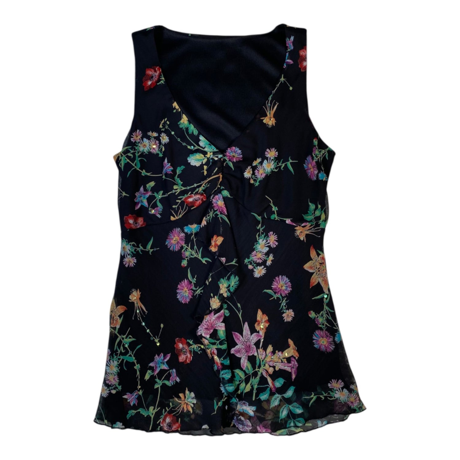 Digg It Thrift & Vintage black mesh tank top featuring a colorful floral print and subtle sequin embellishments.