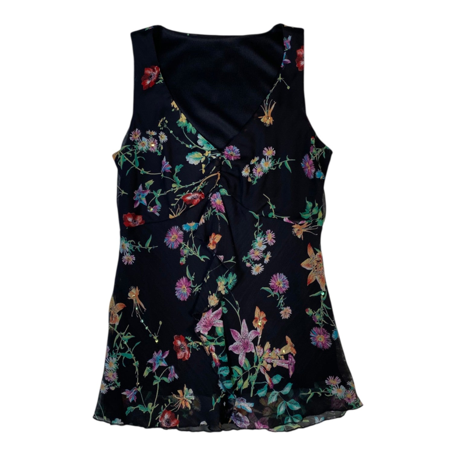 Digg It Thrift & Vintage black mesh tank top featuring a colorful floral print and subtle sequin embellishments.