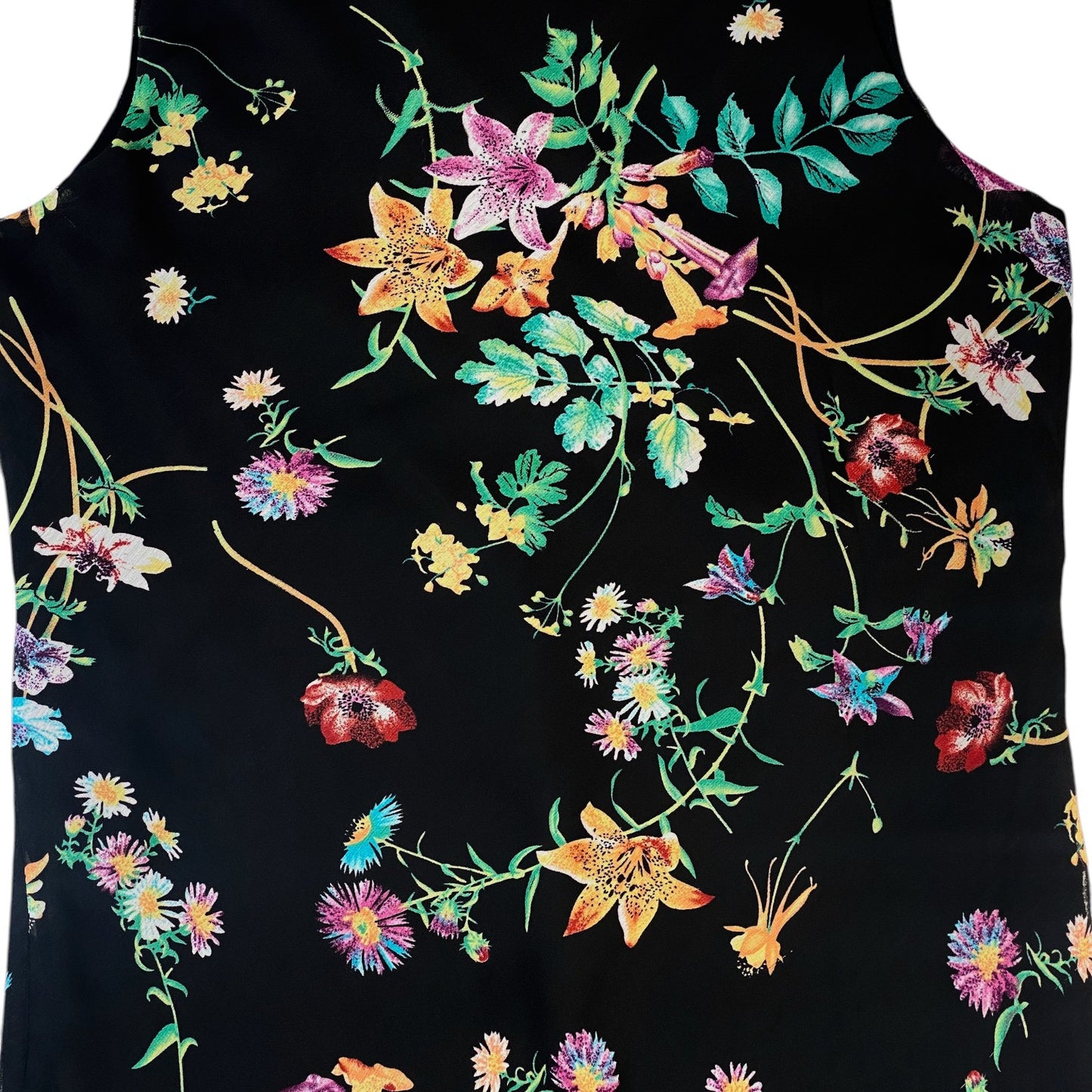 Digg It Thrift & Vintage black mesh tank top featuring a vibrant multi-colored floral print and sequin embellishments.