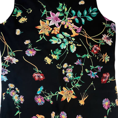Digg It Thrift & Vintage black mesh tank top featuring a vibrant multi-colored floral print and sequin embellishments.