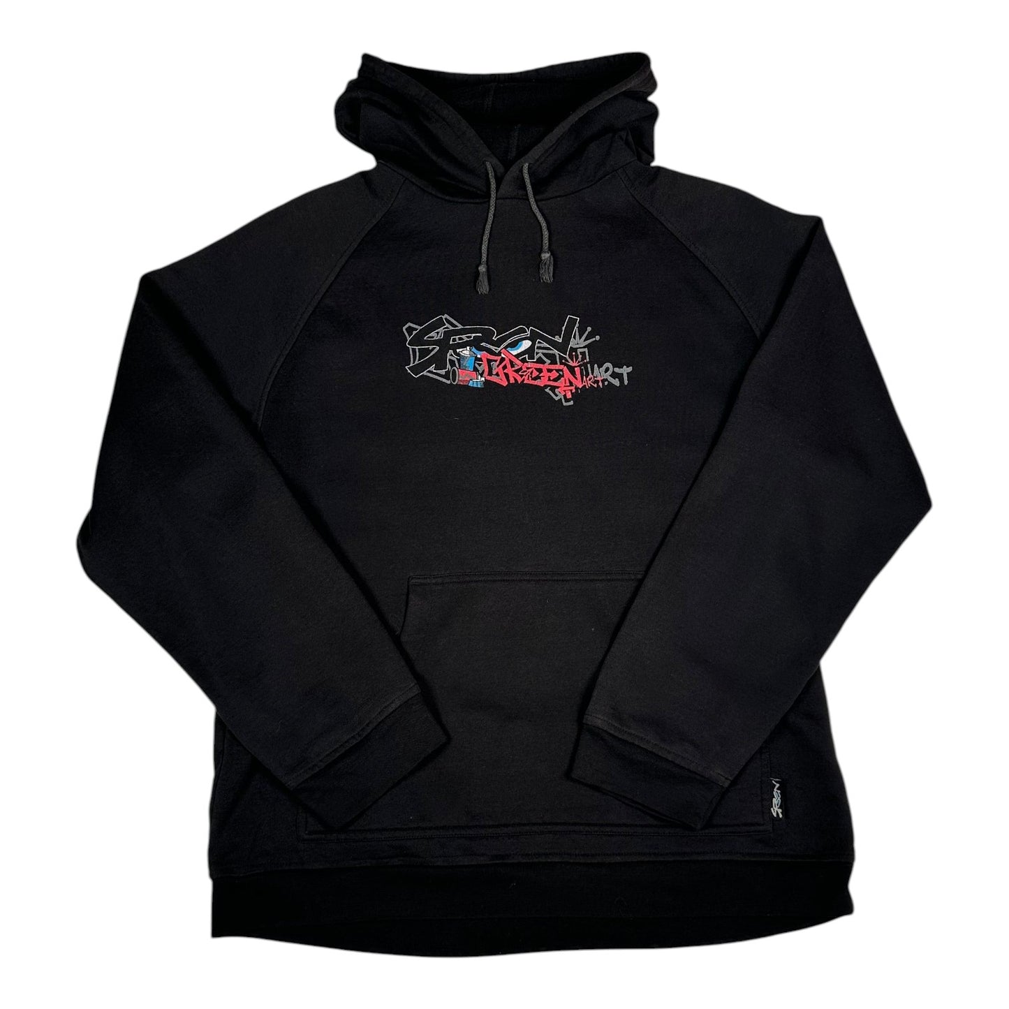 Digg It Thrift & Vintage black pullover hoodie featuring a green and red graffiti art character graphic on the chest.